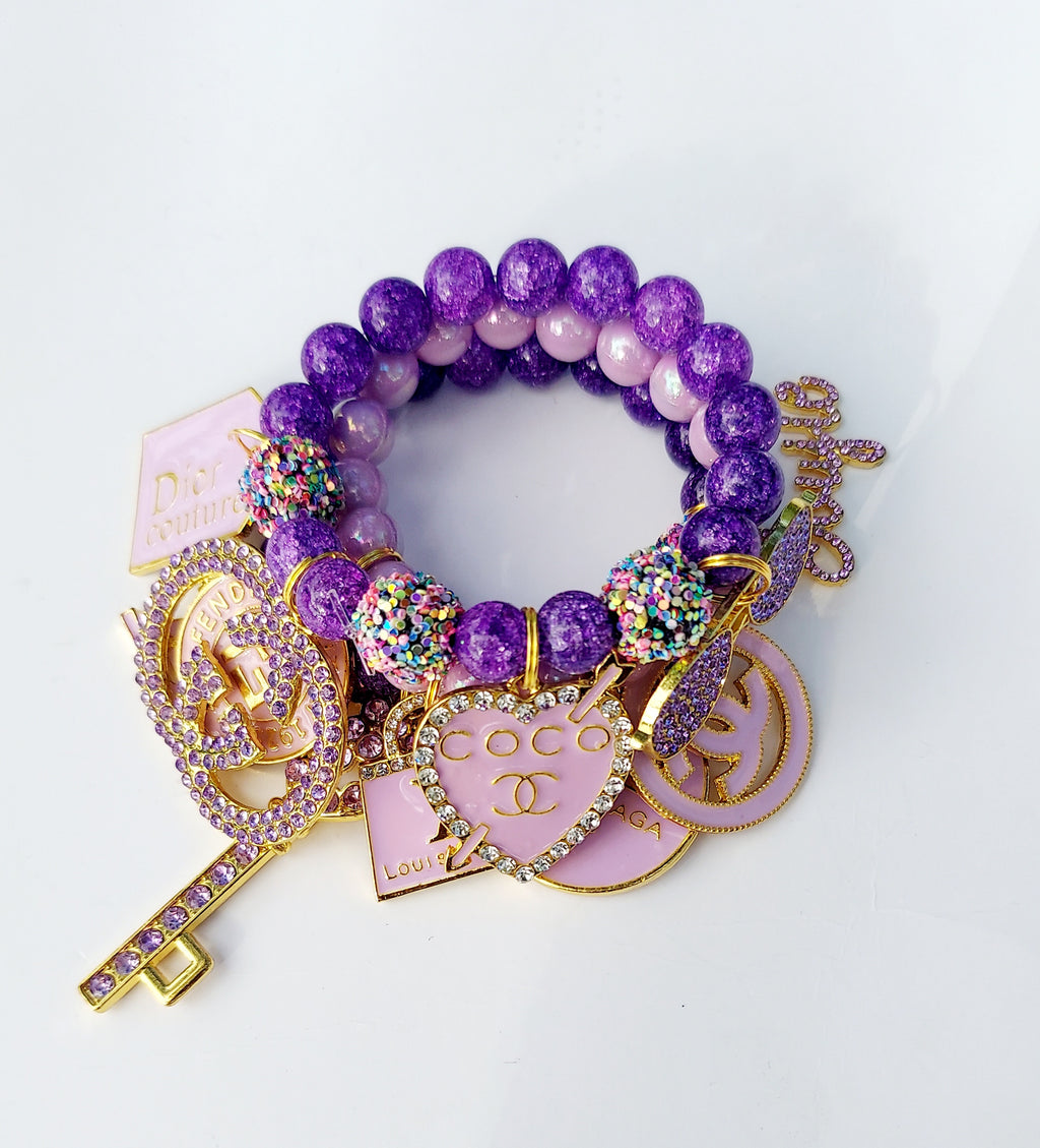 Beaded Stacked Charm Bracelet (Purple/Iridescent Purple)