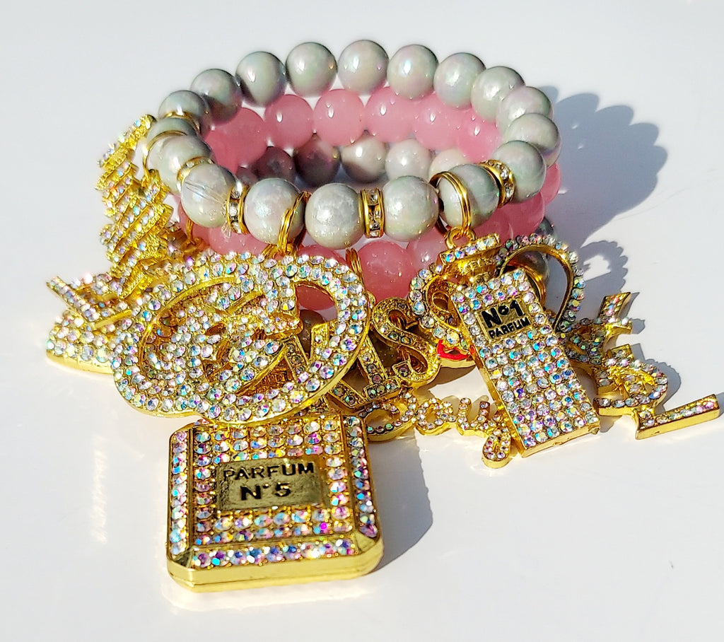 Beaded Stacked Charm Bracelet (Iridescent Grey/Lt Pink)