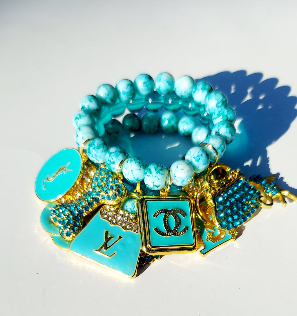Stacked Beaded Charm Bracelets(Aqua/Gold)
