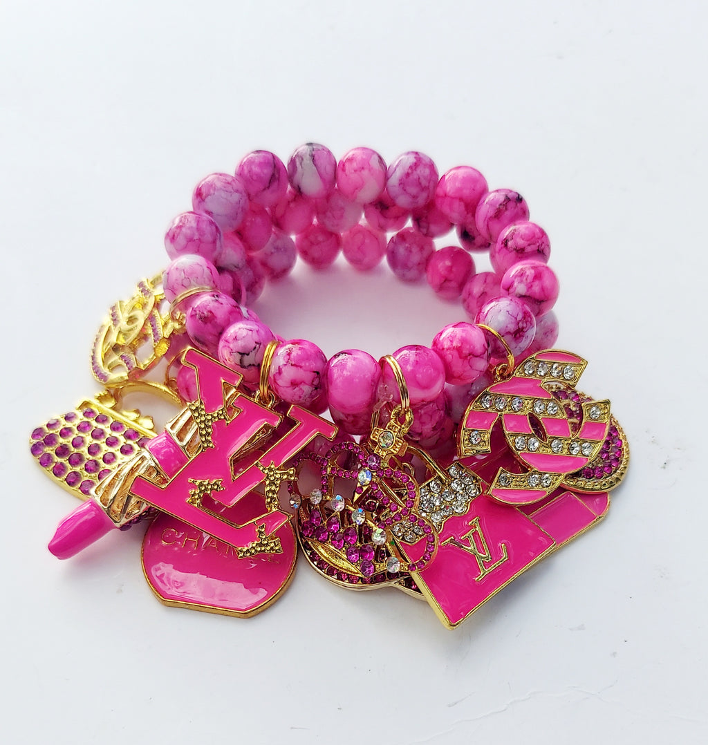 Stacked Beaded Charm Bracelet (Fuschia/Gold)